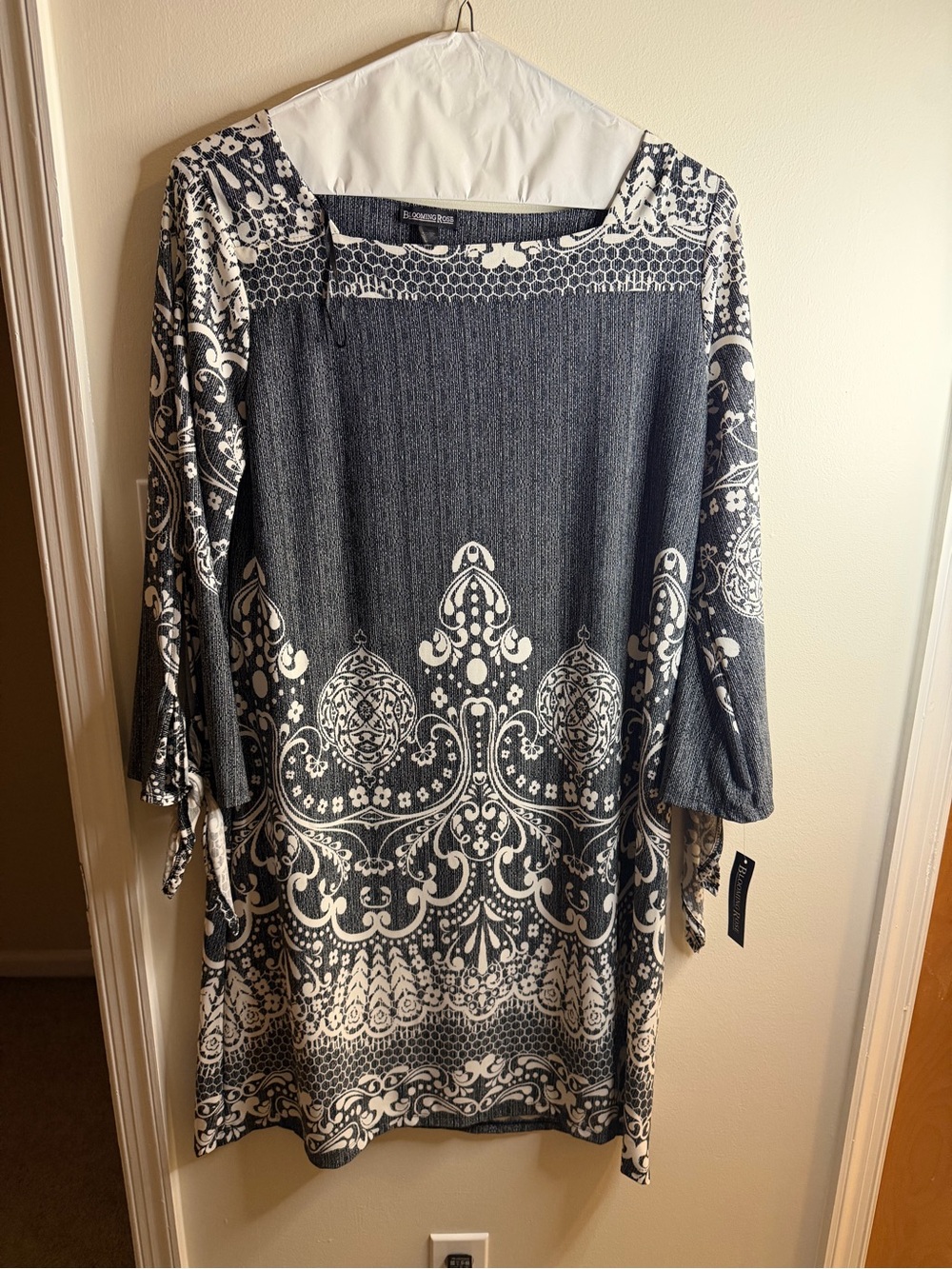 Blooming Rose Black White Paisley Boho Tunic Dress Size XL Tie Sleeve